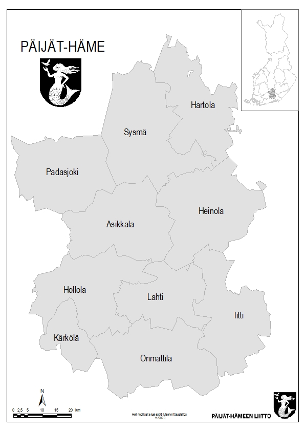 Karttakuvassa Päijät-Hämeen kunnat